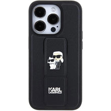 Заредете изображение във визуализатора на галерията – Karl Lagerfeld Gripstand Saffiano Karl&amp;Choupette Pins case for iPhone 15 Pro - black
