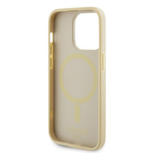 Заредете изображение във визуализатора на галерията – Original Case GUESS hardcase Saffiano MagSafe GUHMP15LPSAHMCB for Iphone 15 Pro gold
