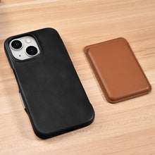 Заредете изображение във визуализатора на галерията – MagSafe Compatible Leather Flip Case for iPhone 15 iCarer Curved Edge Oil Wax Real Leather Folio Case - Black
