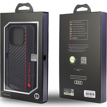 Заредете изображение във визуализатора на галерията – Original Case AUDI hardcase Carbon Fiber Stripe AUS-TPUPCIP14P-R8/D1-BK for Iphone 14 Pro black
