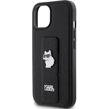Заредете изображение във визуализатора на галерията – Karl Lagerfeld Gripstand Saffiano Choupette Pins Case for iPhone 15 Plus / 14 Plus - Black
