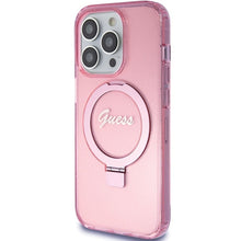 Заредете изображение във визуализатора на галерията – Original faceplate case GUESS GUHMP15LHRSGSP for iPhone 15 Pro (Magsafe / Glitter Script Logo / Ring stand / pink)
