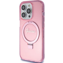 Заредете изображение във визуализатора на галерията – Original faceplate case GUESS GUHMP15XHRSGSP for iPhone 15 Pro Max (Magsafe / Glitter Script Logo / Ring stand / pink)
