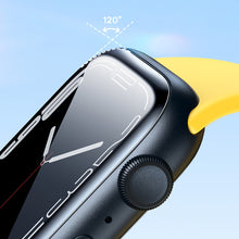 Заредете изображение във визуализатора на галерията – Baseus Crystal Tempered Glass Film for Apple Watch 4/5/6/SE 44mm full screen with frame black (1 pcs.) + cleaning kit / foil applicator / squeegee (spatula)
