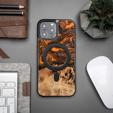 Заредете изображение във визуализатора на галерията – Wood and Resin Case for iPhone 13 Pro Max MagSafe Bewood Unique Orange - Orange and Black
