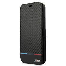 Заредете изображение във визуализатора на галерията – Etui BMW BMBKP13SPUCARTCBK iPhone 13 mini 5,4" czarny/black bookcase M Collection PU Carbon Stripe
