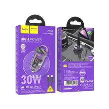 Заредете изображение във визуализатора на галерията – HOCO car charger USB QC3.0 + Type C + cable Type C to Apple Lightning 8-pin PD 30W Z53A purple
