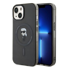 Заредете изображение във визуализатора на галерията – Original Pouch KARL LAGERFELD hardcase IML Ikonik Magsafe KLHMP15SHFCKNOK for Iphone 15 Black
