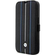 Заредете изображение във визуализатора на галерията – Case BMW BMBKP14L22RVSK iPhone 14 Pro 6.1" black/black bookcase Leather Stamp Blue Lines
