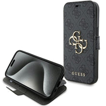 Заредете изображение във визуализатора на галерията – Original Case GUESS book 4G Metal Logo GUBKP15S4GMGGR for Iphone 13/14/15 grey
