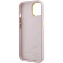 Заредете изображение във визуализатора на галерията – Guess Silicone Script Metal Logo &amp; Frame case for iPhone 15 - pink
