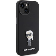 Заредете изображение във визуализатора на галерията – Karl Lagerfeld Silicone Ikonik Metal Pin case for iPhone 15 Plus / 14 Plus - black
