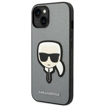 Заредете изображение във визуализатора на галерията – Оригинален гръб Karl Lagerfeld за iphone 14 (saffiano with karl head patch / silver) - TopMag
