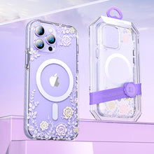 Заредете изображение във визуализатора на галерията – Kingxbar Flora Series magnetic case for iPhone 14 Pro Max MagSafe decorated with orchid flowers print
