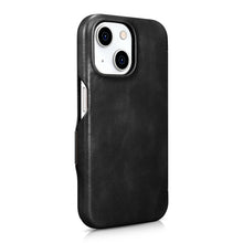 Заредете изображение във визуализатора на галерията – MagSafe Compatible Leather Flip Case for iPhone 15 iCarer Curved Edge Oil Wax Real Leather Folio Case - Black
