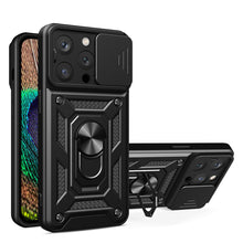 Заредете изображение във визуализатора на галерията – Hybrid Armor Camshield case for iPhone 14 Pro Max armored case with camera cover black
