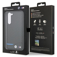 Заредете изображение във визуализатора на галерията – Original faceplate case BMW BMHCS23M22NBCK for SAMSUNG S23 Plus (Carbon Case Bottom Horizontal Blue Line and Metal Logo / black)
