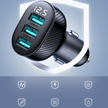 Заредете изображение във визуализатора на галерията – Joyroom JR-CCD03 3.4A car charger with 3x USB-A display - black
