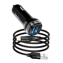 Заредете изображение във визуализатора на галерията – HOCO car charger 2x USB A + cable USB A to iPhone Lightning 8-pin 2,4A Z40 black
