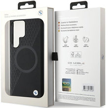 Заредете изображение във визуализатора на галерията – Original Case BMW hardcase Signature Leather Half Textured &amp; Circle MagSafe BMHMS24L23RTPK for Samsung Galaxy S24 Ultra Black
