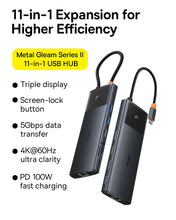 Заредете изображение във визуализатора на галерията – USB HUB 11in1 Baseus Metal Gleam Series II USB-A/USB-C PD/HDMI/DP/RJ45/SD/TF - black
