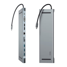 Заредете изображение във визуализатора на галерията – Baseus Enjoyment MacBook / notebook stand HUB USB Typ C PD / VGA / HDMI / RJ45 / USB 3.0 / SD, TF, micro SD card reader Dark for MacBook / PC gray (CATSX-G0G)

