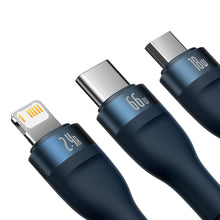 Заредете изображение във визуализатора на галерията – Baseus Flash Series Ⅱ 3in1 cable with fast charging USB-A to USB-C / Micro-USB / Lightning 66W 480Mb/s 1.2m blue

