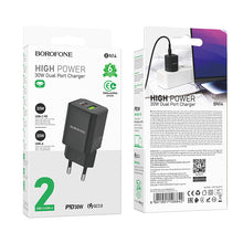 Заредете изображение във визуализатора на галерията – Borofone Wall charger BN14 Royal GaN - USB + Type C - QC 3.0 PD 30W black
