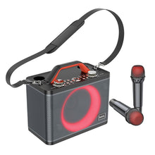 Заредете изображение във визуализатора на галерията – HOCO wireless speaker dancer outdoor karaoke + 2x wirelles microphone LED Jenny BS57 black (+ FBT, TF, USB, AUX)
