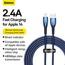 Заредете изображение във визуализатора на галерията – BASEUS cable USB A to Apple Lightning 8-pin 2,4A Glimmer Series CADH000303 2m blue
