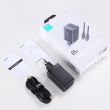 Заредете изображение във визуализатора на галерията – Joyroom fast charger GaN 65W USB, 2x USB C black + USB C cable - USB C 100W 1.2m (TCG01)
