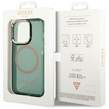 Заредете изображение във визуализатора на галерията – Guess GUHMP14XHTCMA iPhone 14 Pro Max 6.7" green/khaki hard case Gold Outline Translucent MagSafe
