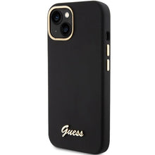 Заредете изображение във визуализатора на галерията – Guess Silicone Script Metal Logo &amp; Frame case for iPhone 15 - black

