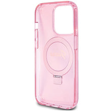 Заредете изображение във визуализатора на галерията – Original faceplate case GUESS GUHMP15XHRSGSP for iPhone 15 Pro Max (Magsafe / Glitter Script Logo / Ring stand / pink)
