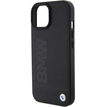 Заредете изображение във визуализатора на галерията – Original Case BMW Magsafe Leather Hot Stamp BMHMP15MSLLBK for Iphone 15 Plus Black
