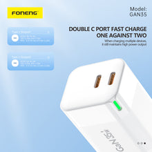 Заредете изображение във визуализатора на галерията – Foneng Wall charger GAN35 GaN - 2xType C - PD 35W 3A white
