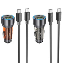 Заредете изображение във визуализатора на галерията – HOCO car charger USB QC 18W + Type C 25W + cabel Type C to Type C PD43W NZ12A transparent orange
