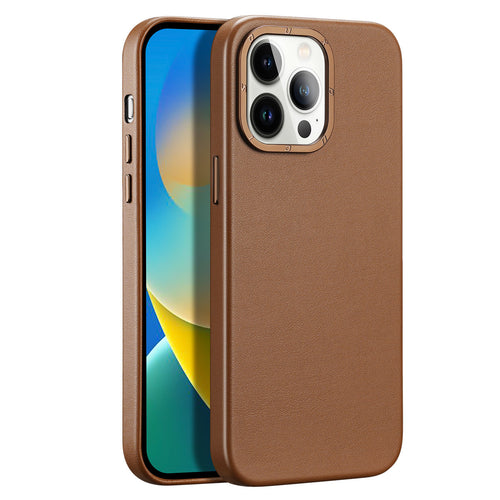 Dux Ducis Grit Leather Case for iPhone 14 Pro Elegant Faux Leather Cover (MagSafe Compatible) Brown