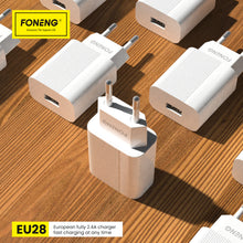 Заредете изображение във визуализатора на галерията – Foneng Wall charger EU28 - USB - 2,4A with USB to Lightning cable white
