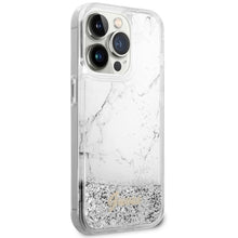 Заредете изображение във визуализатора на галерията – Original Case GUESS Liquid Glitter Marble GUHCP14LLCSGSGH for Iphone 14 Pro white
