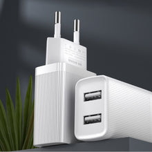 Заредете изображение във визуализатора на галерията – Kingkong charger EU adapter 2x USB 2.1A + 1m micro USB cable white (WP-U79m white)
