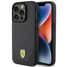 Заредете изображение във визуализатора на галерията – Original FERRARI hardcase Carbon Metal Logo Magsafe FEHMP15LPTEK for Iphone 15 Pro Black
