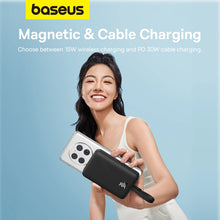 Заредете изображение във визуализатора на галерията – Baseus Magnetic Mini MagSafe 10000mAh 30W powerbank with built-in Lightning cable - black + Baseus Simple Series USB-C - USB-C 60W 0.3m cable
