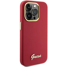 Заредете изображение във визуализатора на галерията – Guess Silicone Script Metal Logo &amp; Frame case for iPhone 15 Pro Max - red

