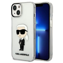 Заредете изображение във визуализатора на галерията – Original Pouch KARL LAGERFELD  Ikonik Karl Lagerfeld KLHCP14SHNIKTCT for Iphone 14 transparent
