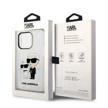 Заредете изображение във визуализатора на галерията – Original Pouch KARL LAGERFELD Gliter Karl&amp;Choupette KLHCP14LHNKCTGT for Iphone 14 Pro transparent
