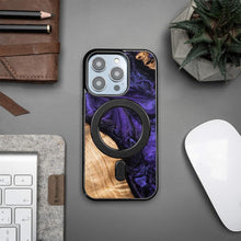 Заредете изображение във визуализатора на галерията – Wood and Resin Case for iPhone 14 Pro MagSafe Bewood Unique Violet - Purple and Black
