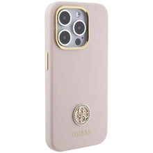Заредете изображение във визуализатора на галерията – Guess Silicone Logo Strass 4G case for iPhone 15 Pro - light pink
