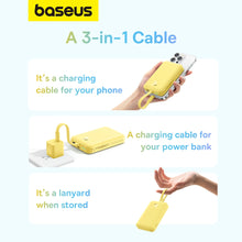 Заредете изображение във визуализатора на галерията – Baseus Magnetic Mini MagSafe 10000mAh 20W powerbank with built-in Lightning cable - yellow + Baseus Simple Series USB-C - USB-C 60W 0.3m cable
