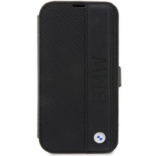 Заредете изображение във визуализатора на галерията – Case BMW BMBKP14X22RDPK iPhone 14 Pro Max 6.7" black/black bookcase Leather Textured&amp;Stripe

